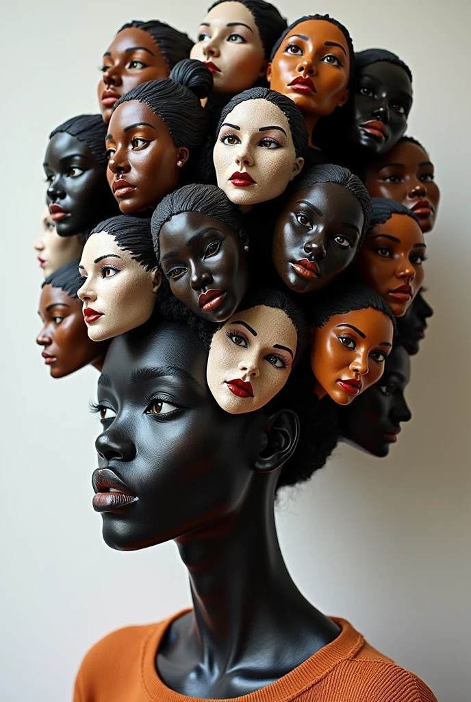 Expressionist artwork images of multiple floating ceramic heads of black women, 3d collage style, make it weird and gallery worthy