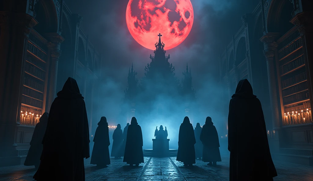 8k、 big red moon ,zoom up(number々の賞を受賞したmasterpiece、Incredible detail、Texture、Maximum details),blue flame candle, (summoning magic),(The moonlight at night is beautiful), (Demon King's Castle),(dark organization)arafed image of a group of people in a church with candles,lit candle, dark cinematic concept art, elegant cinematic fantasy art, photorealistic dark concept art, by Beeple, dark robes, wojtek fus, gothic epic library concept, gothic epic library, epic cinematic concept art, dark concept art, Beeple and mike winkelmann, symmetrical epic fantasy art, High resolution, masterpiece, Highest quality, Intricate details, Very detailed, Clear focus, practical skin texture, texture, Shot with Canon, 85mm, Shallow and deep, Kodak Vision Color, Exactly, Very detailed, photograph_\(Extremist\), photographpractical, practical, Post-processing, Maximum details, Roughness, Real Life, Extremist practical, Photorealism, photographgraphy, 8K Ultra HD, photographgraphy