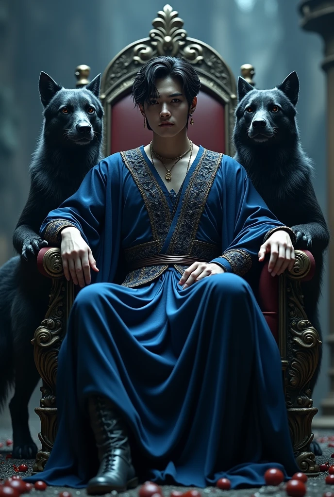 Jungkook hades, in ancient Greek style clothing, sick with details in dark blue and black tones. I put jungkook in a hades underworld. Jungkook has to be sitting on a throne next to the three-headed dog. PICTURE REALISTIC
