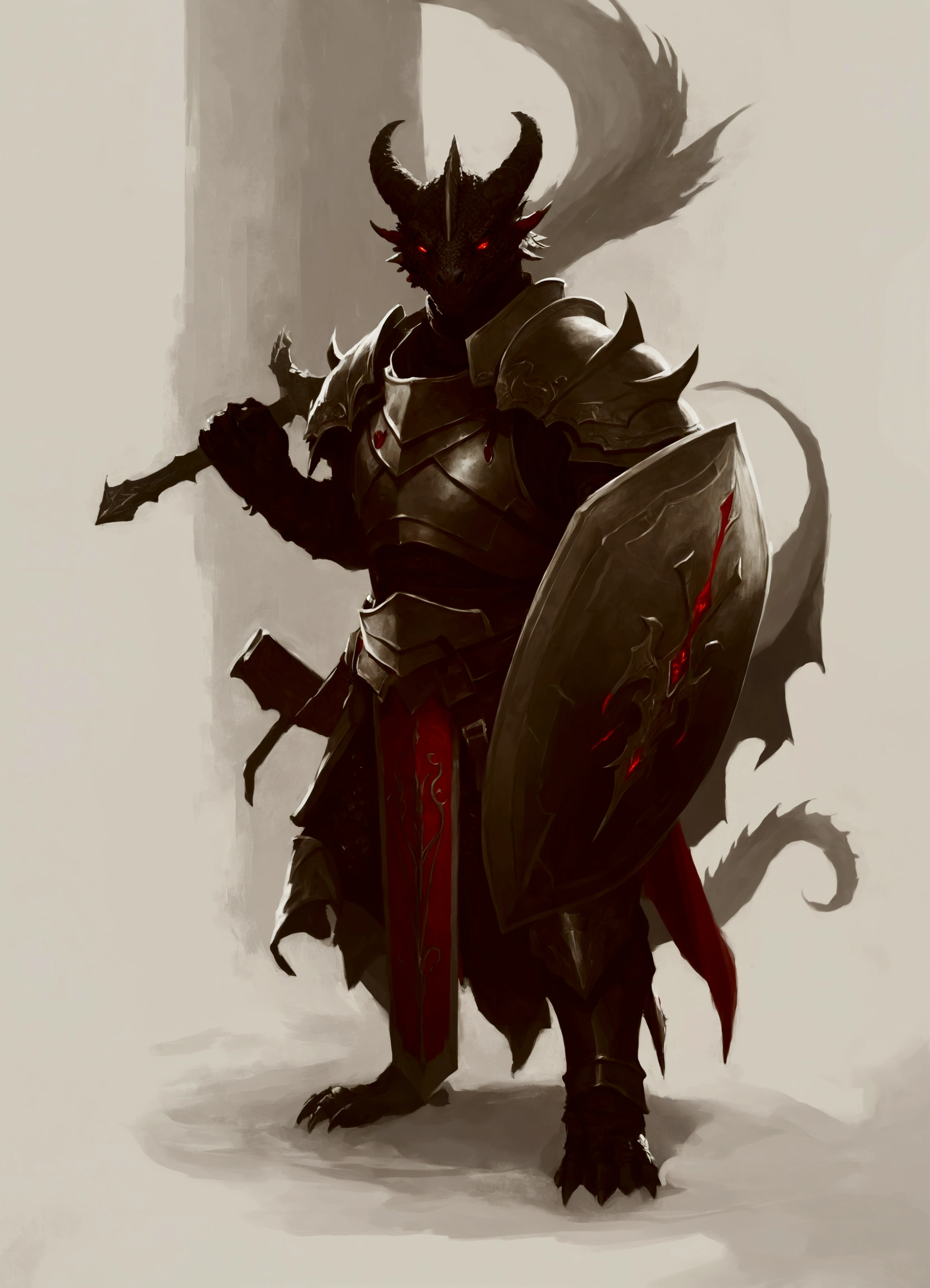 A Fallen Black Dragonborn Noble Paladin. scarlet red eyes. short white hair.