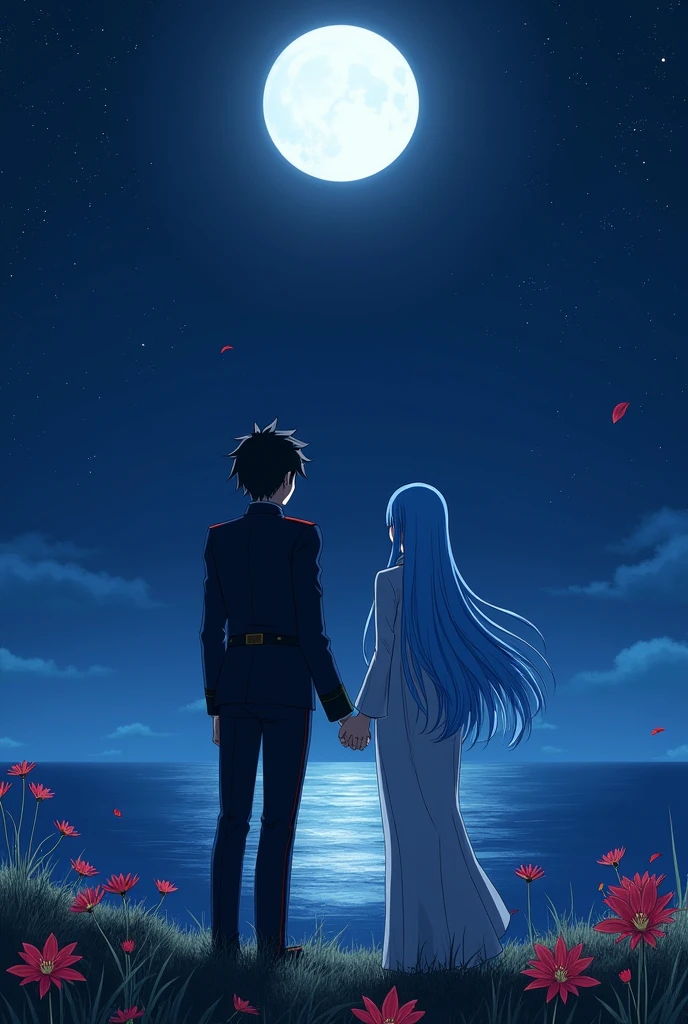 Two anime characters based on 86 anime, wearing military gala uniform, 1 male with black hair and female with very light sky blue long hair, standing from a distance on a field of small red spider Lily flowers looking up to the starry night sky with big moon, near a sea