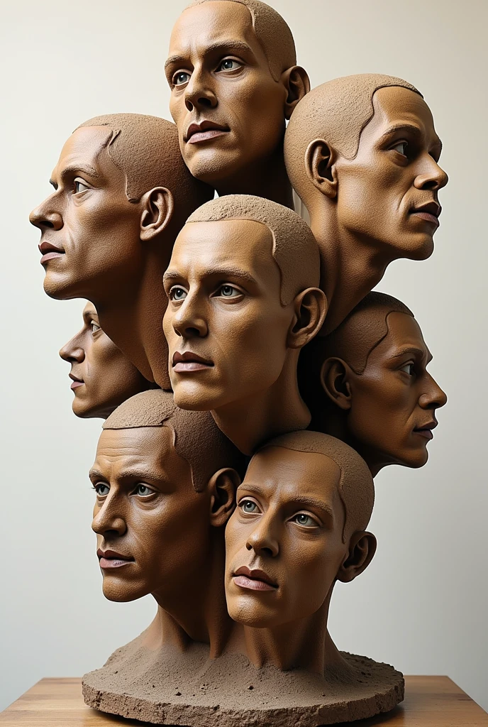 Expressionist artwork images of multiple floating ceramic heads of brown men, 3d collage style, make it weird and gallery worthy