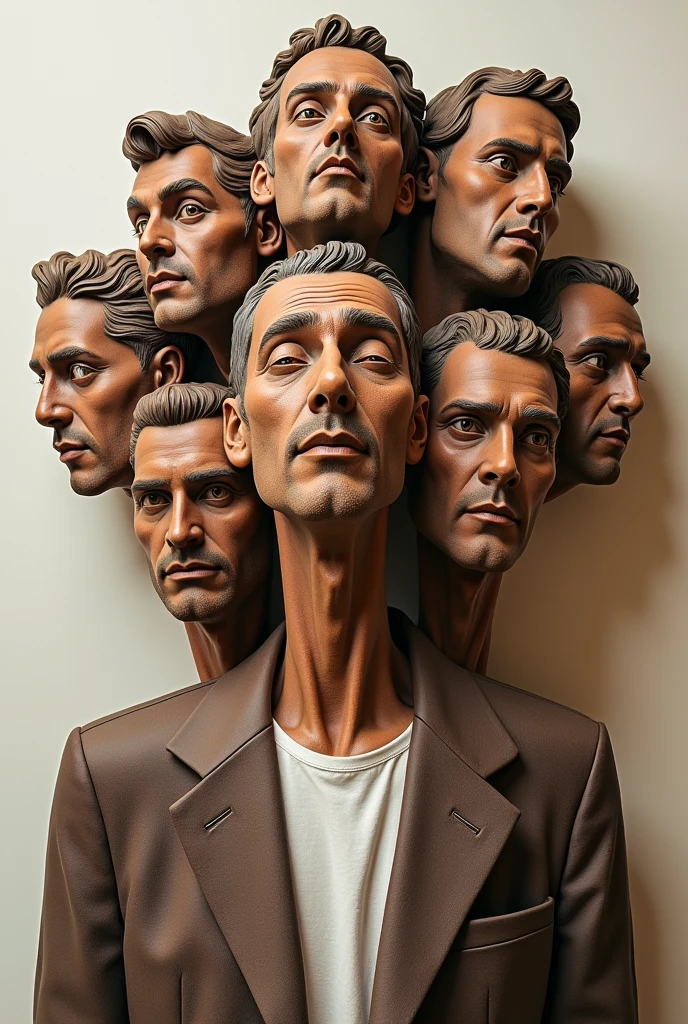 Expressionist artwork images of multiple floating ceramic heads of brown men, 3d collage style, make it weird and gallery worthy