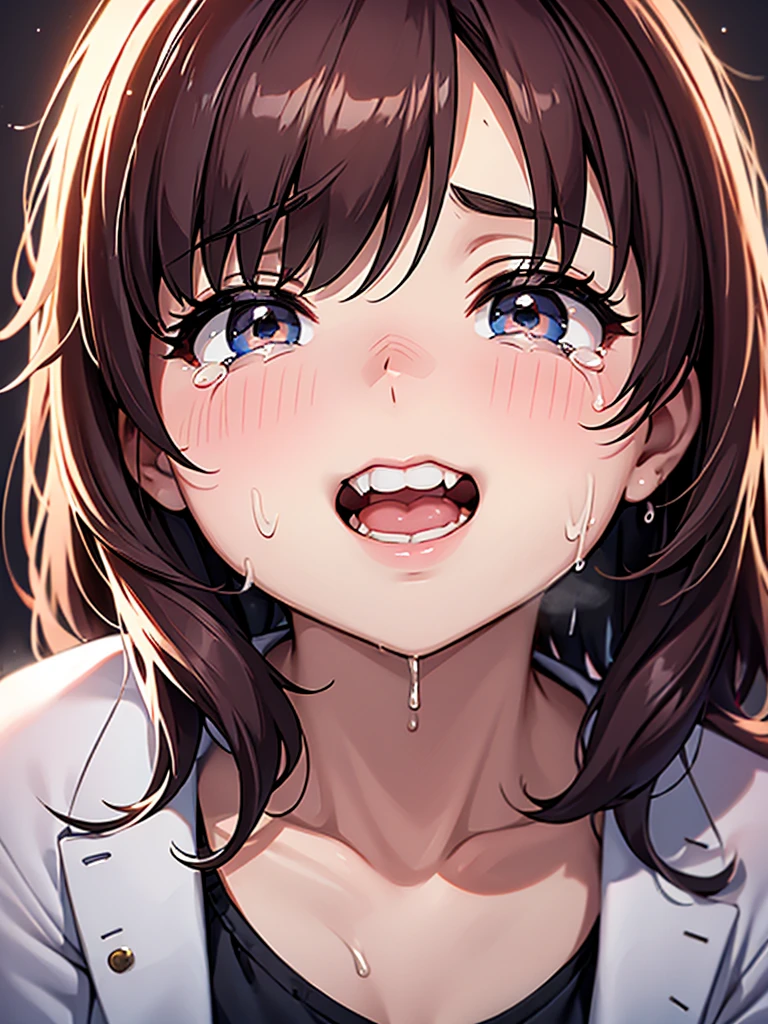 Loser Heroine, Big Tears , moist thin eyes , glossy lips , round face , childish hair tie , steamy breath , Swollen cheeks , closeup mouth , sweet pain , Smile with teeth showing