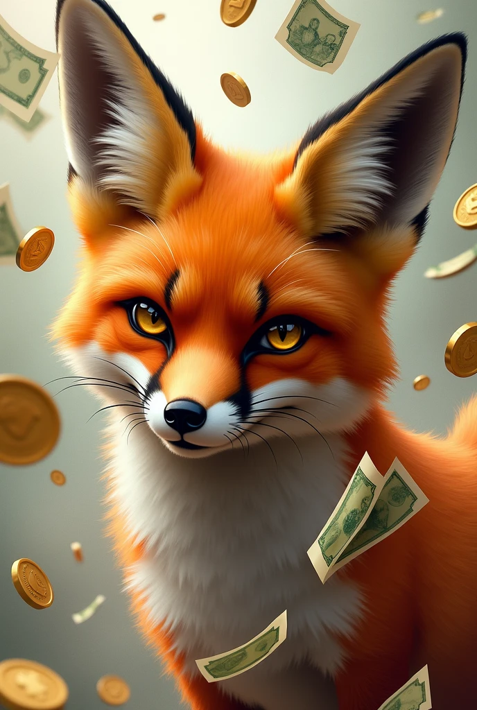 Create a fox drawing with a pile of money falling around it that only shows its face