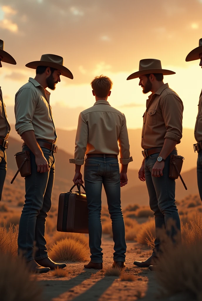 4 handsome cowboy men say goodbye to a young friend who is going on a trip