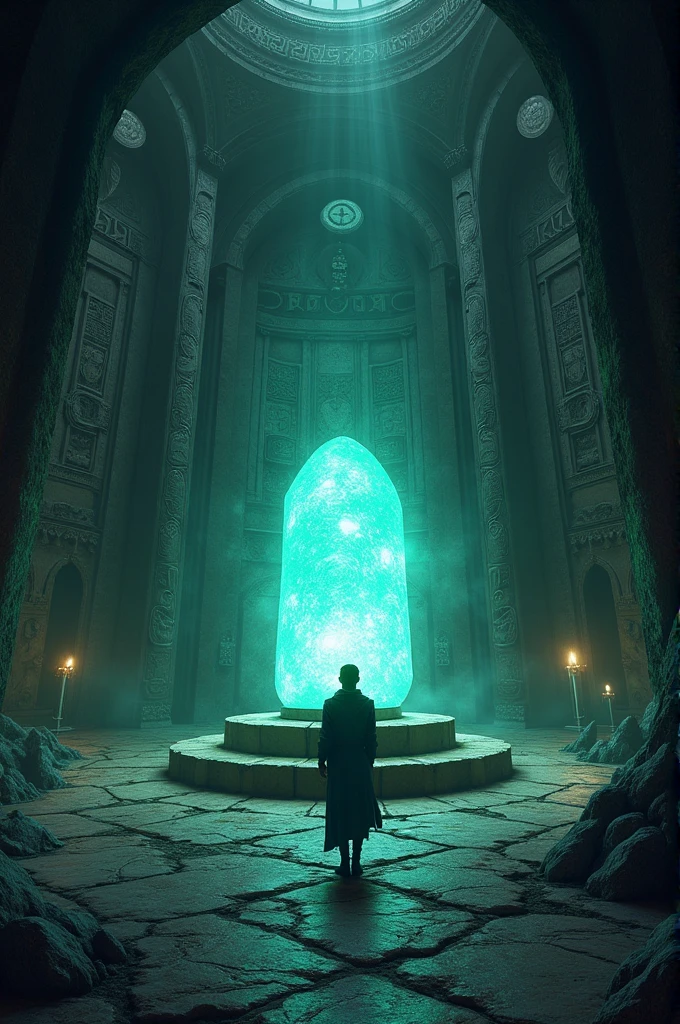 Inside the secret room, Aryan finds a large, glowing magical stone placed on a pedestal in the center of the room. Strange symbols and runes are carved around it, giving the room an otherworldly glow. The stone is the source of powerful, dark magic.