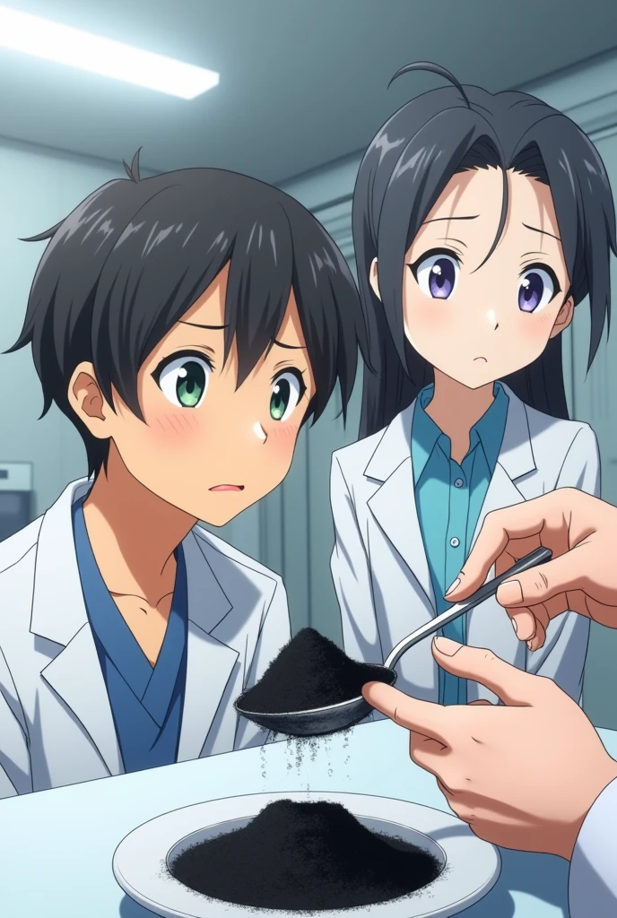 Charcoal powder taken by a person from a spoon in anime a doctor