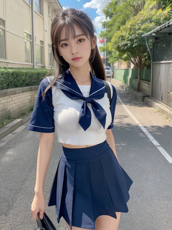 (Ultra HD), (look at me), (The whole body is projected), (Short-sleeved sailor uniform, Navy blue low rise mini skirt), Big Breasts, thin, Tight waist, (thin脚:1.2), (thin太もも:1.2), (thin腰:1.4), (Beautiful Skin, Glowing Skin, White skin), (Super slim face, Super beautiful face, No makeup, smile:0.6), (ponytail, Layered Cut, Fluffy hair), (double eyelid, Slanted Eyes), Small Nose, Thin lips, Are standing, In front of the school gate