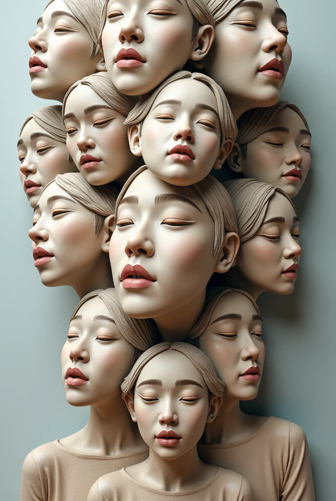 Expressionist artwork images of multiple floating ceramic heads of korean women, 3d collage style, make it weird and gallery worthy