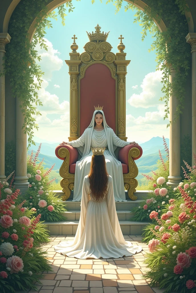 A woman on her knees with her head bowed in front of a throne, the woman in the white dress has a crown on her head, around the throne there is a beautiful flower garden, and above is the sky