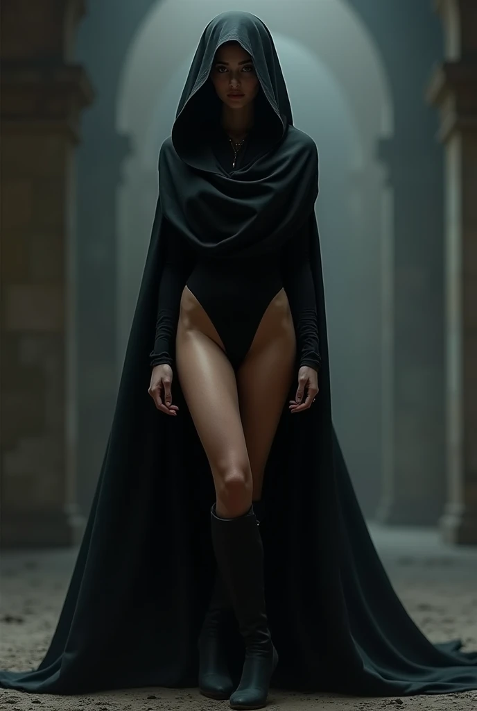  A tight black cloak, an Arab woman with long, prominent legs
