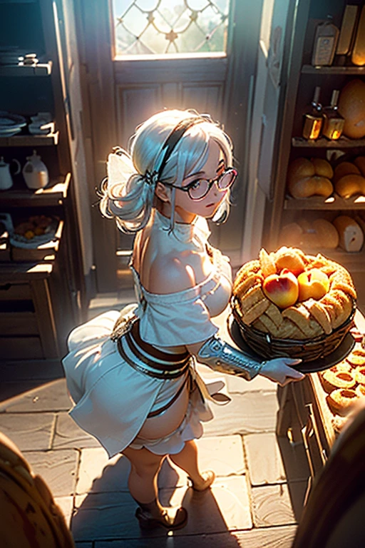 (master piece:1.3),(ultra detailed:1.1),
(solo,1.3),(Light gray eyes:1.2),
(white hair:1.3),(Silver round glasses:1.3),(round face:1.2),(big ass:1), (thick thigh:1.2),(curvy:1.1),(medium breasts:1.35), light smile,
(white Medieval Fantasy Clothing, white off-the-shoulder dress, Miniskirt, slit, Backless dress:1.5), (nose blush:0.6),
(beautiful ultra detailed eyes, highly detailed skin, Glossy and glowing skin:1.1),looking back,
background,(fantasy Store, Clerk:1.1),(Lots of Bottled honey on the back shelf:1.4), (crowded, city scraper in distance:1.4),(insanely detailed:1.1),(bread basket, Apple Pie:1.6),close up:1.2, upper body, dynamic angle:1.4,(Lots of honey, Lots of bread, Lots of fruit, crowded:1.2),
(from above:1.4), looking at viewer, sunlight, professional lighting,(professional lighting, shading:1.3),(highly detailed background:1.2),Indoor,
(background medieval fantasy town:1.1),(Medieval fantasy world:1.3),
(physically-based rendering, professional lighting, photon mapping, radiosity, soft light, lens flare:1.3),
pale color,