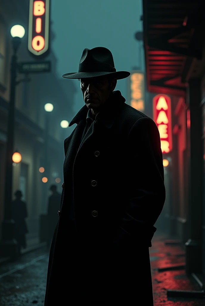 1950s investigator wearing a hat covering his eyes