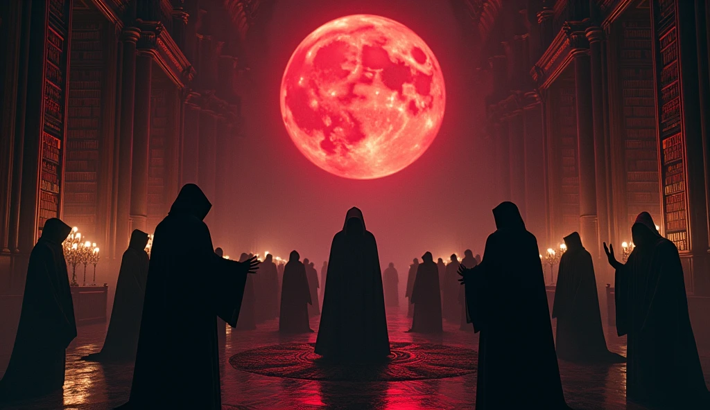 8k、 big red moon ,zoom up(number々の賞を受賞したmasterpiece、Incredible detail、Texture、Maximum details),purple flame candle, (summoning magic),(The moonlight at night is beautiful), (Demon King's Castle),(dark organization)arafed image of a group of people in a church with candles,lit candle, dark cinematic concept art, elegant cinematic fantasy art, photorealistic dark concept art, by Beeple, dark robes, wojtek fus, gothic epic library concept, gothic epic library, epic cinematic concept art, dark concept art, Beeple and mike winkelmann, symmetrical epic fantasy art, High resolution, masterpiece, Highest quality, Intricate details, Very detailed, Clear focus, practical skin texture, texture, Shot with Canon, 85mm, Shallow and deep, Kodak Vision Color, Exactly, Very detailed, photograph_\(Extremist\), photographpractical, practical, Post-processing, Maximum details, Roughness, Real Life, Extremist practical, Photorealism, photographgraphy, 8K Ultra HD, photographgraphy