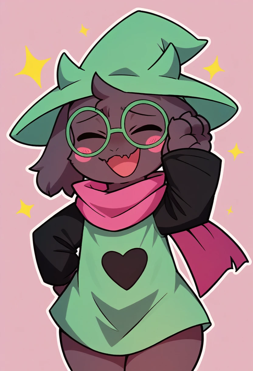  (score_9, score_8_up),furry, fur, face, Ralsei(deltarune), goat, dark fur, Green horns (they're usually pink, but the hat is covering them), black sleeves, cute, green glasses, hat, green shirt, standing, Doing the pepe punch meme,pink scarf,closed eyes, happy, smug face,  wide hips, {{Artist: %greatm8%}},  1furry, solo, blushing, male, Stickers