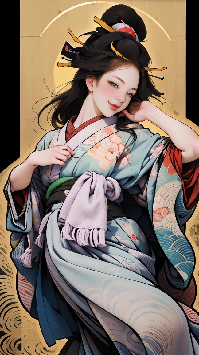 (SeaArt、I create amazing digital illustrations of beautiful women in kimonos)、Beautiful woman smiling and showing her upper white teeth、Vividly colored Ukiyo-e style illustrations、Brown-black long hair、Beautiful full body style、If you want to dance, Dance to the Tokyo Ondo, Good good、Beautiful new digital paintings,、 Bright and vibrant digital anime art、Beautiful anime portraits、Background、Torii gate of a Japanese shrine.、Detailed digital anime art、