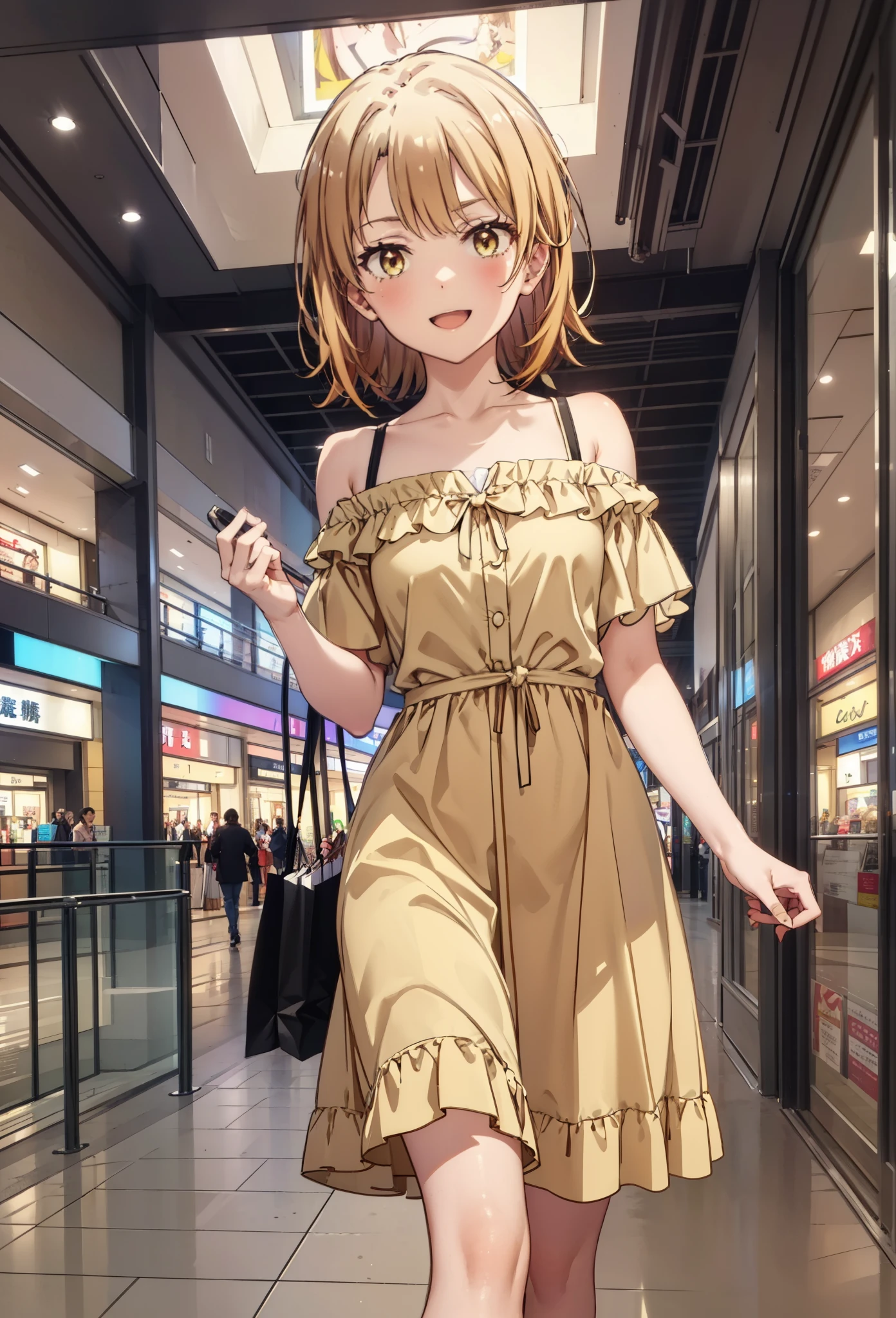 Irohaisshiki, isshiki iroha, short hair, Brown Hair, (Brown eyes:1.5), smile,Open your mouth,smile,Off-the-shoulder yellow dress,mini skirt,Cute heeled sandals,Walking,whole bodyがイラストに入るように,
break indoors,Shopping mall,
break looking at viewer,whole body, (Cowboy Shot:1),
break (masterpiece:1.2), Highest quality, High resolution, unity 8k wallpaper, (figure:0.8), (Beautiful attention to detail:1.6), Highly detailed face, Perfect lighting, Highly detailed CG, (Perfect hands, Perfect Anatomy),