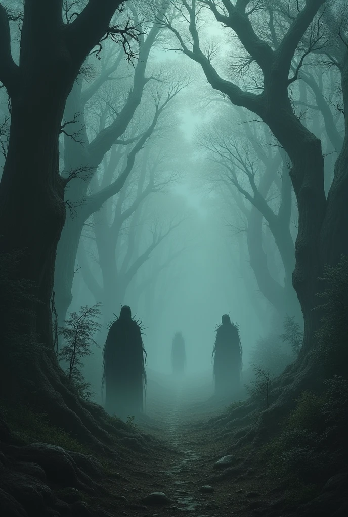 A dark forest,where fear roams,dense fog and large trees and if you squint your eyes you can see scary creatures that look peaceful but at the same time aggressive