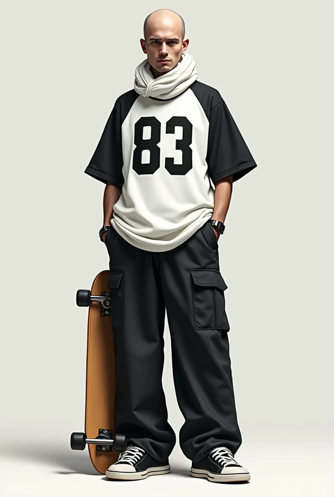 Make me a (bald) person dressed with a white scarf on the head, a wide baseball t-shirt with the white number "83" in the center and that is in black, gray and white tones, also some wide baggy pants and with white sneakers with black and who has a skate