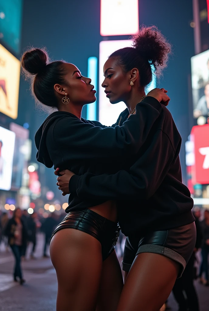 black woman hair in a bun black hoodie black leather short shorts bent over and old woman humping her bump time square new york city