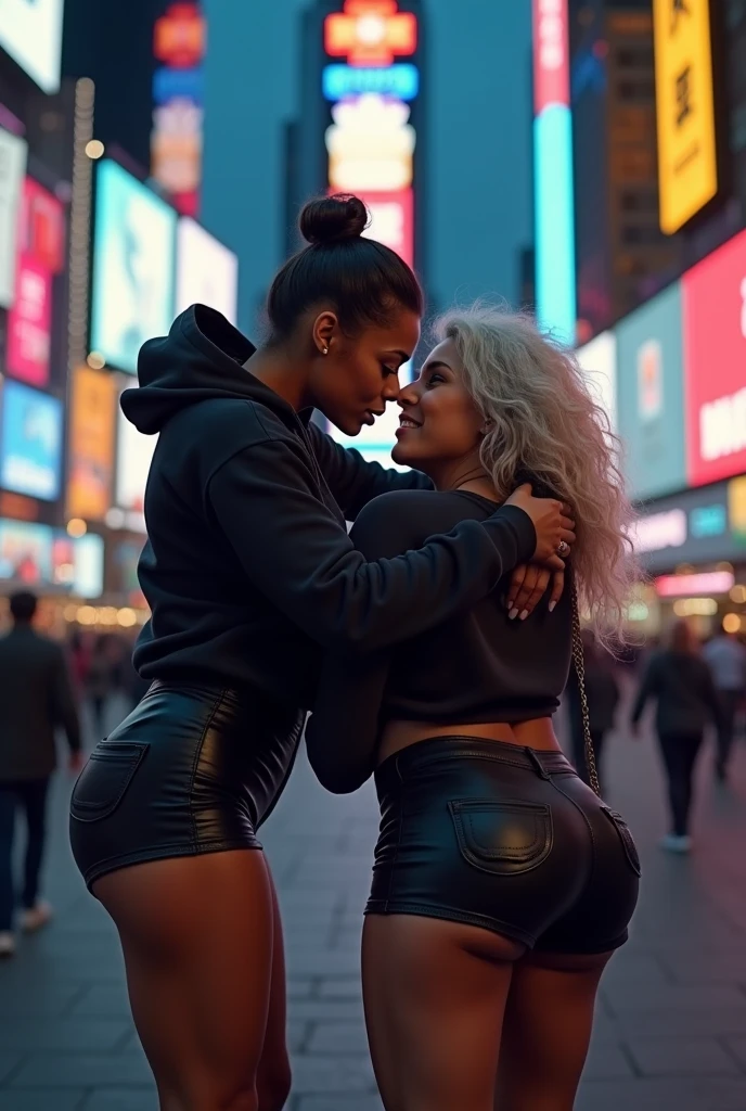 black woman hair in a bun black hoodie black leather short shorts bent over and old woman humping her bump time square new york city