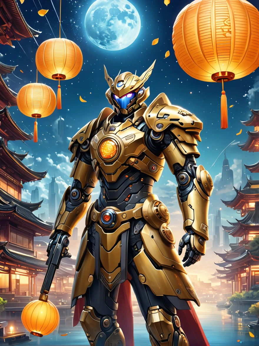 Create a Mid-Autumn Festival poster with a futuristic sci-fi mechanical fantasy，(By Mooncake，The composition of the mechanical Chang&#39;e in Guanghan Palace:1.6)，(Dotted with osmanthus and osmanthus)，嫦娥有长长的White hair，blue eyes，The body is silver，Wearing a white Hanfu dress，A blue belt is tied around the waist，Standing in a futuristic Mid-Autumn Festival background，The background is blue，There are blue lights on her and in the background，There&#39;s an energy field around her.，This image is very detailed and realistic，((girl，Hanfu mecha))，Broken armor，Mechanical Halo，Robotic Arm，White hair，Long hair，Ceramic body，Thigh gap，Network Background，Extremely detailed city，(Translucent body)，(Reflective Skin)，8k，Best quality，Ultra Detailed，(Surrealism:1.4), [colorful explosion psychedelic paint colors:1.21], (sharp:0.7), amazing fine detail, Nikon D850 film stock photograph Kodak Portra 400 camera f1.6 lens, rich colors, lifelike
