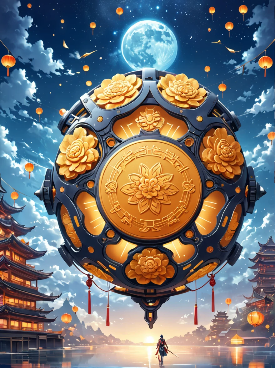 Create a Mid-Autumn Festival poster with a futuristic sci-fi mechanical fantasy，(By Mooncake，The composition of the mechanical Chang&#39;e in Guanghan Palace:1.6)，(Dotted with osmanthus and osmanthus)，嫦娥有长长的White hair，blue eyes，The body is silver，Wearing a white Hanfu dress，A blue belt is tied around the waist，Standing in a futuristic Mid-Autumn Festival background，The background is blue，There are blue lights on her and in the background，There&#39;s an energy field around her.，This image is very detailed and realistic，((girl，Hanfu mecha))，Broken armor，Mechanical Halo，Robotic Arm，White hair，Long hair，Ceramic body，Thigh gap，Network Background，Extremely detailed city，(Translucent body)，(Reflective Skin)，8k，Best quality，Ultra Detailed，(Surrealism:1.4), [colorful explosion psychedelic paint colors:1.21], (sharp:0.7), amazing fine detail, Nikon D850 film stock photograph Kodak Portra 400 camera f1.6 lens, rich colors, lifelike
