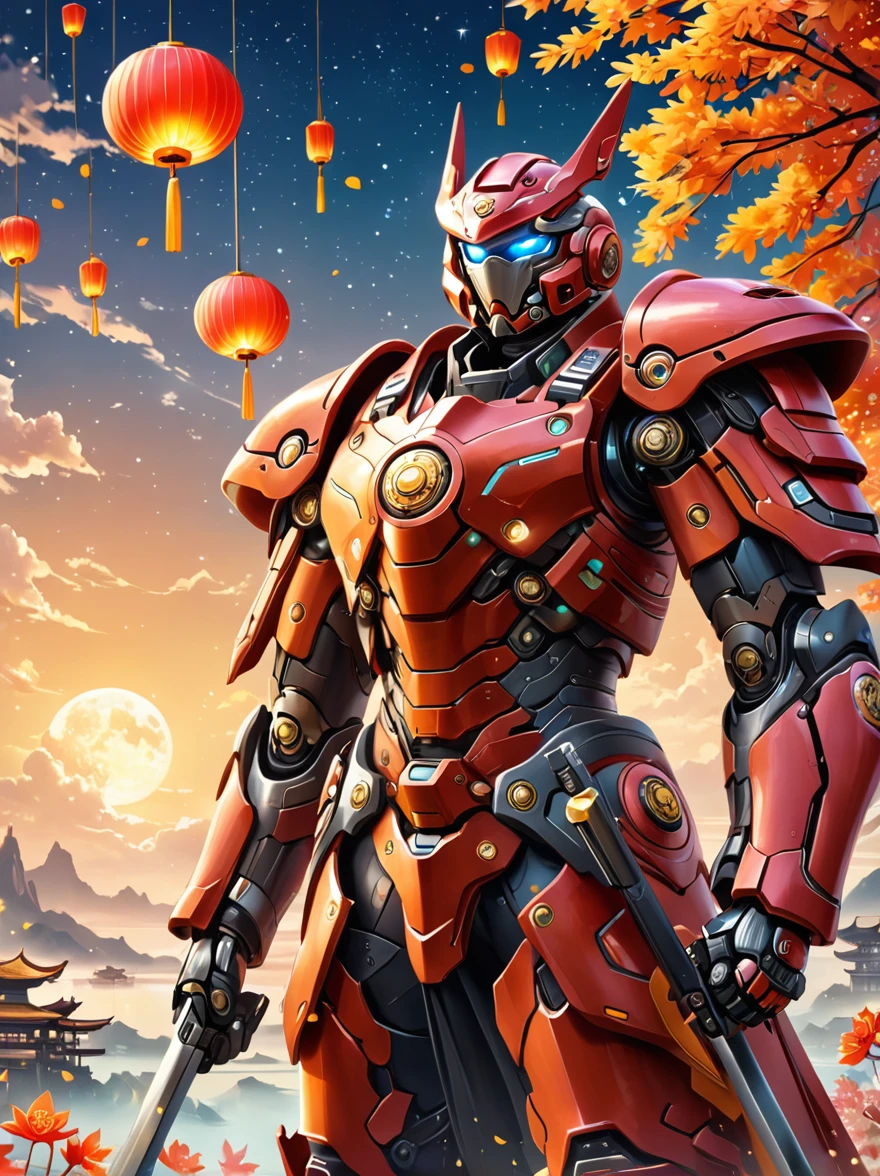 Create a Mid-Autumn Festival poster with a futuristic sci-fi mechanical fantasy，(By Mooncake，The composition of the mechanical Chang&#39;e in Guanghan Palace:1.6)，(Dotted with osmanthus and osmanthus)，嫦娥有长长的White hair，blue eyes，The body is silver，Wearing a white Hanfu dress，A blue belt is tied around the waist，Standing in a futuristic Mid-Autumn Festival background，The background is blue，There are blue lights on her and in the background，There&#39;s an energy field around her.，This image is very detailed and realistic，((girl，Hanfu mecha))，Broken armor，Mechanical Halo，Robotic Arm，White hair，Long hair，Ceramic body，Thigh gap，Network Background，Extremely detailed city，(Translucent body)，(Reflective Skin)，8k，Best quality，Ultra Detailed，(Surrealism:1.4), [colorful explosion psychedelic paint colors:1.21], (sharp:0.7), amazing fine detail, Nikon D850 film stock photograph Kodak Portra 400 camera f1.6 lens, rich colors, lifelike
