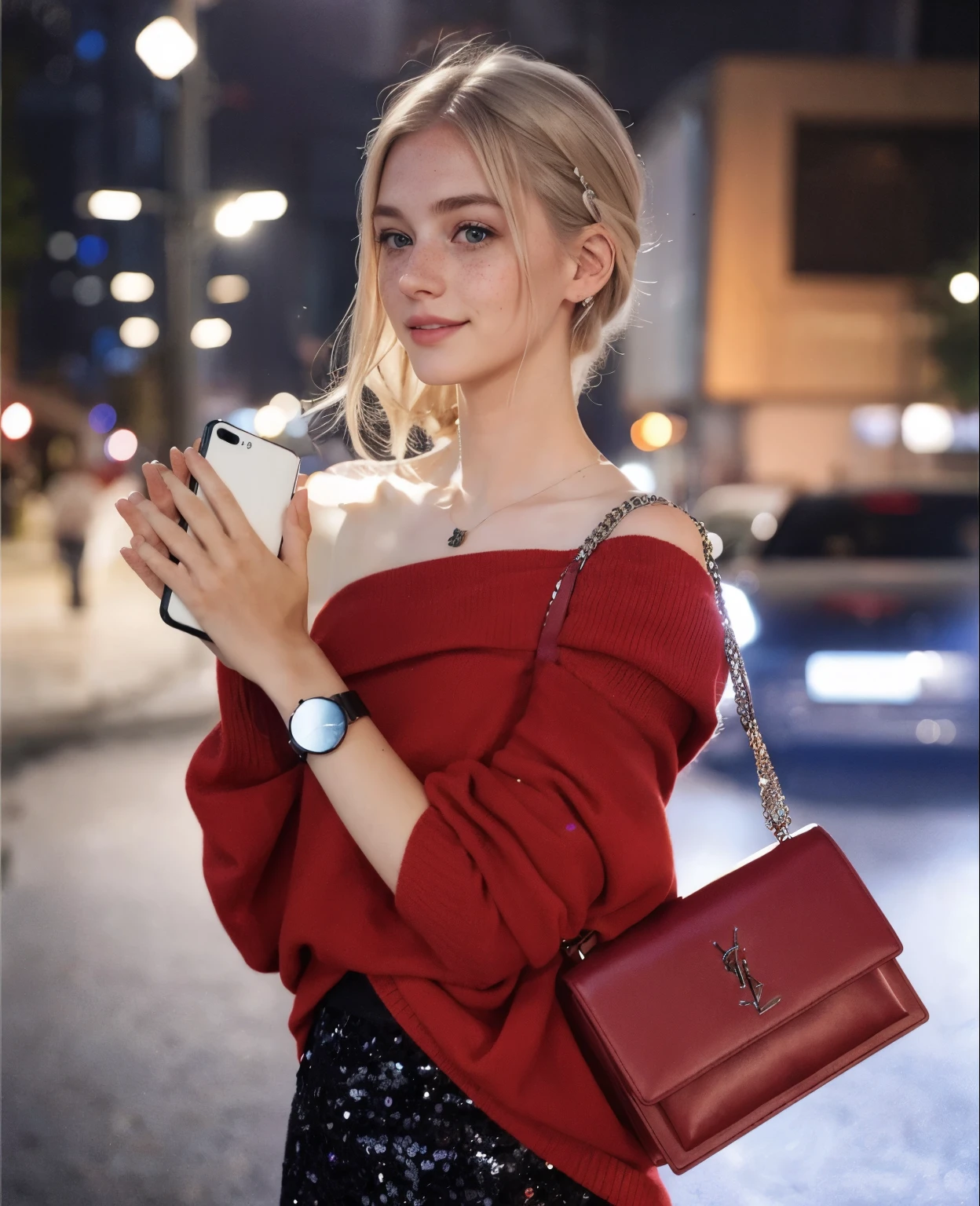 Woman, americana, age 25, pale skin and freckles, gray eyes, delicate nose, soft and delicate lips, far away, cabelo blondie far away e ondulado na altura da cintura, sweet smile, face with delicate feminine facial features, highly rendered