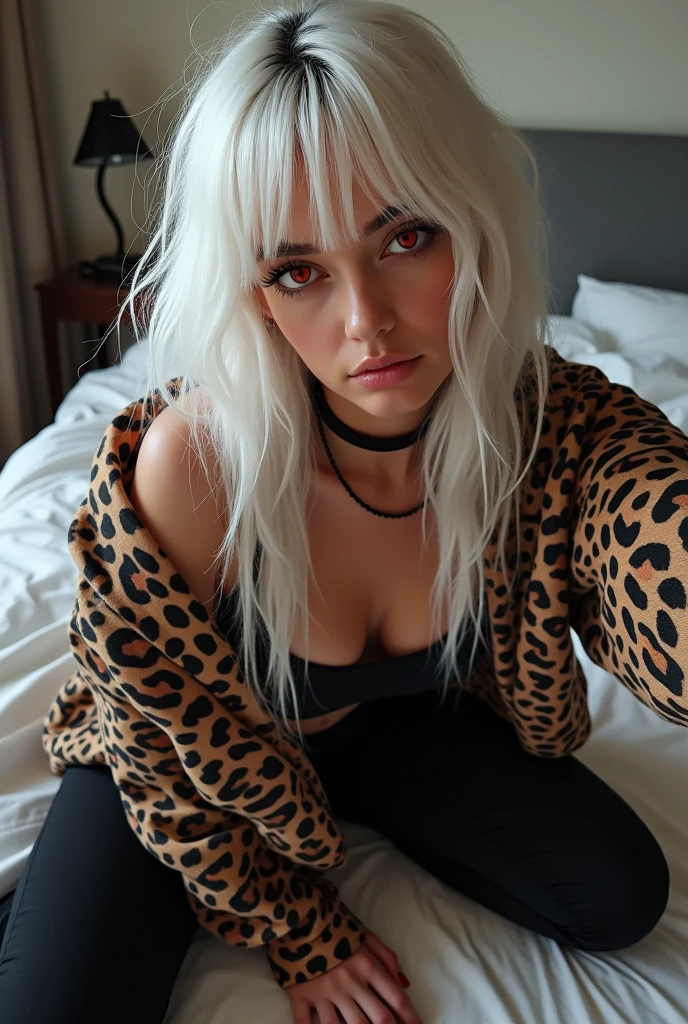 The comic: a young woman, white skin, very long white hair with bangs, red eyes, striking eyes + wearing a leopard print mini skirt, black pants showing, a black tube top, kneeling on a bed, selfie position