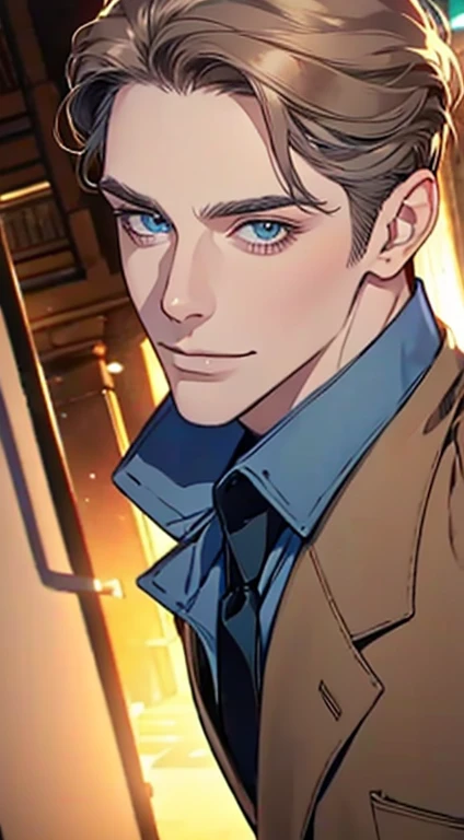 a mature man with short grey Brown hair, blue eyes, 31 years, and a perfect face, smiling in love, CEO, cinematic lighting, 1:4 HDR image, top view, ultra detailed, best quality, masterpiece, 8K, photorealistic, beautiful image