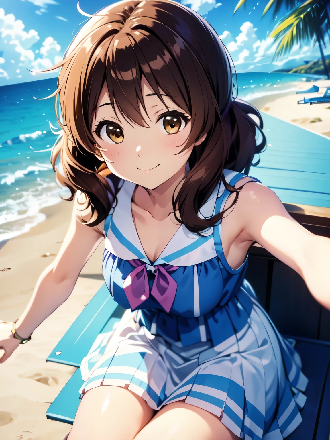 masterpiece, 最high quality, high quality, High resolution, Shooting from the front、kumiko oumae、Closed Mouth、smile、Very detailed、beach,　最high quality、smile、sitting、Serve your viewers