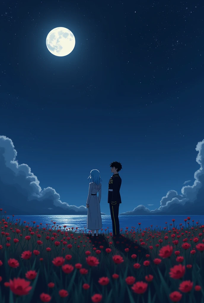 Two anime characters based on 86 anime, wearing military gala uniform, 1 male with black hair and female with very light sky blue long hair, standing from a distance on a field of small red lilyspider flowers looking up to the starry night sky with big moon, near a sea