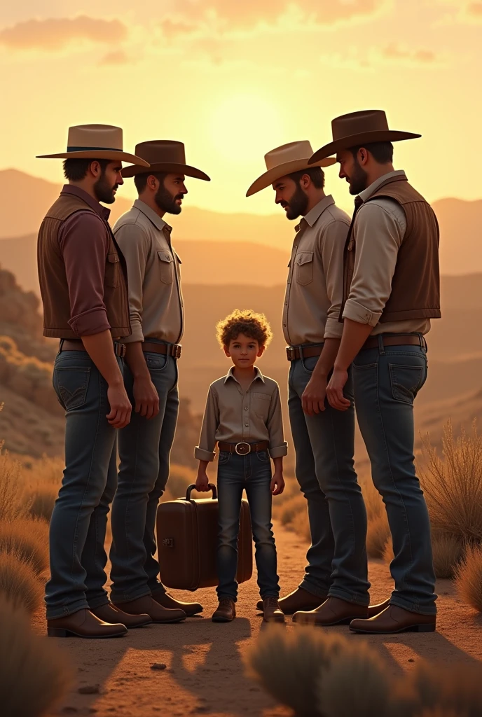 4 handsome cowboy men say goodbye to a young friend who is going on a trip