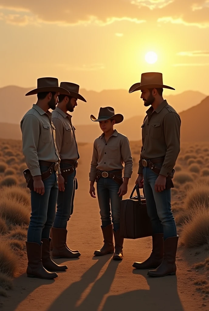 4 handsome cowboy men say goodbye to a young friend who is going on a trip