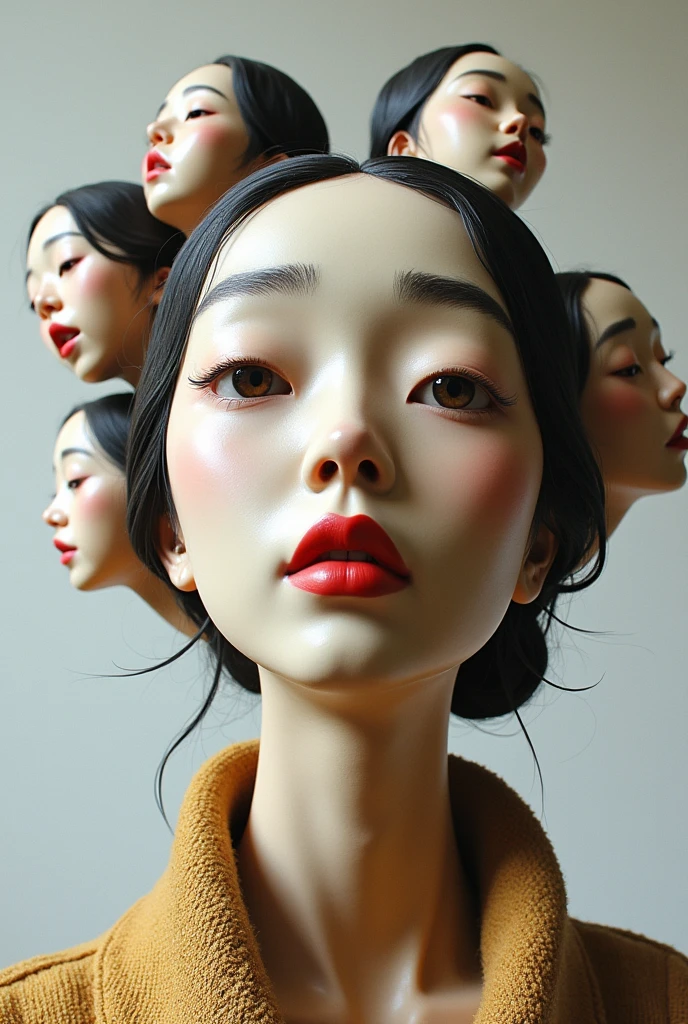 Expressionist artwork images of multiple floating ceramic heads of korean women, 3d collage style, make it weird and gallery worthy