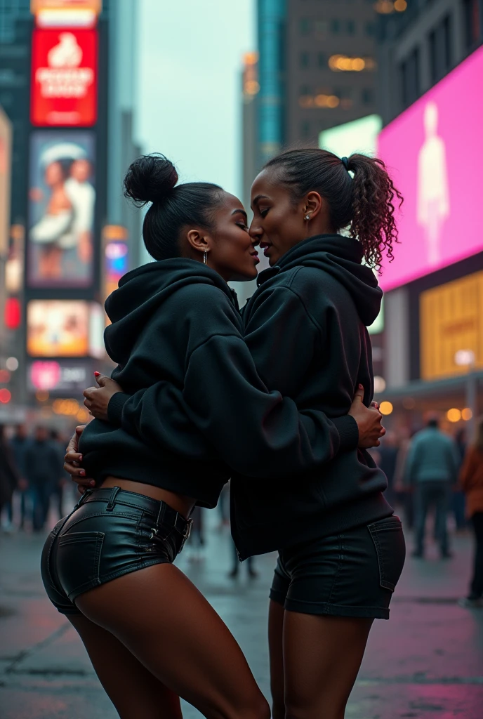 black woman hair in a bun black hoodie black leather short shorts bent over and old woman humping her bump time square new york city