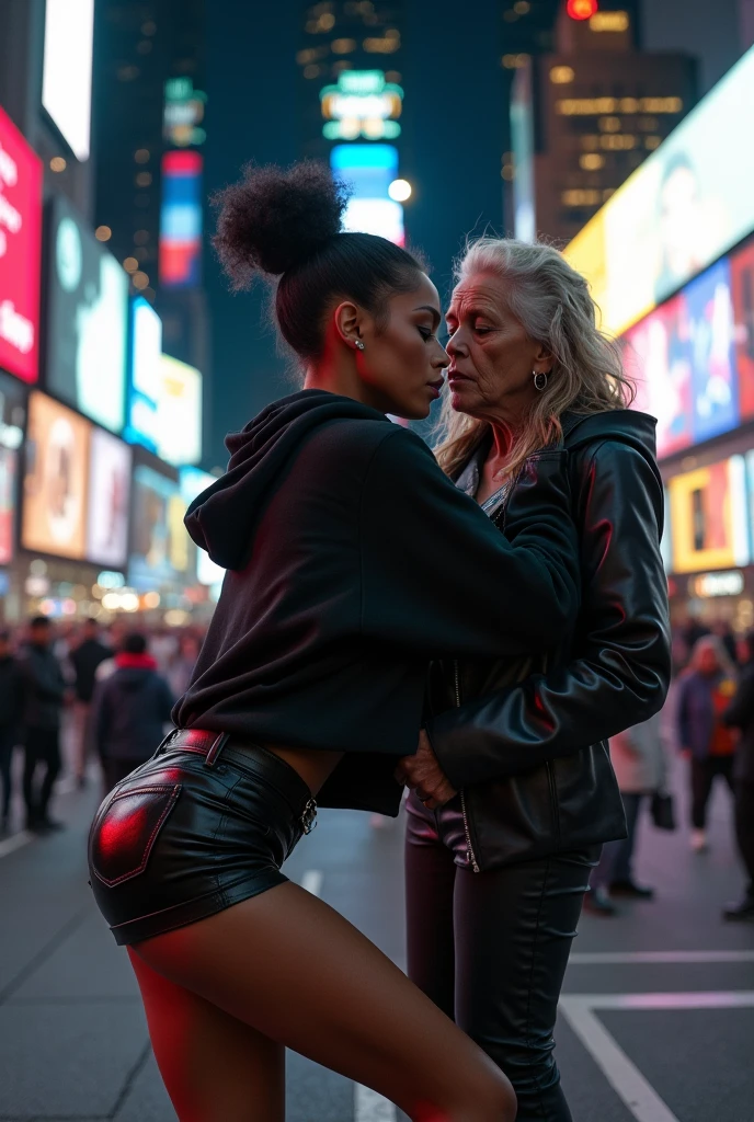 black woman hair in a bun black hoodie black leather short shorts bent over and old woman humping her bump time square new york city
