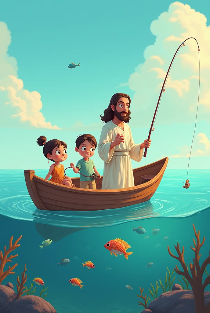 Cartoon of Jesus with a girl and a boy fishing in a boat and fish in the sea 