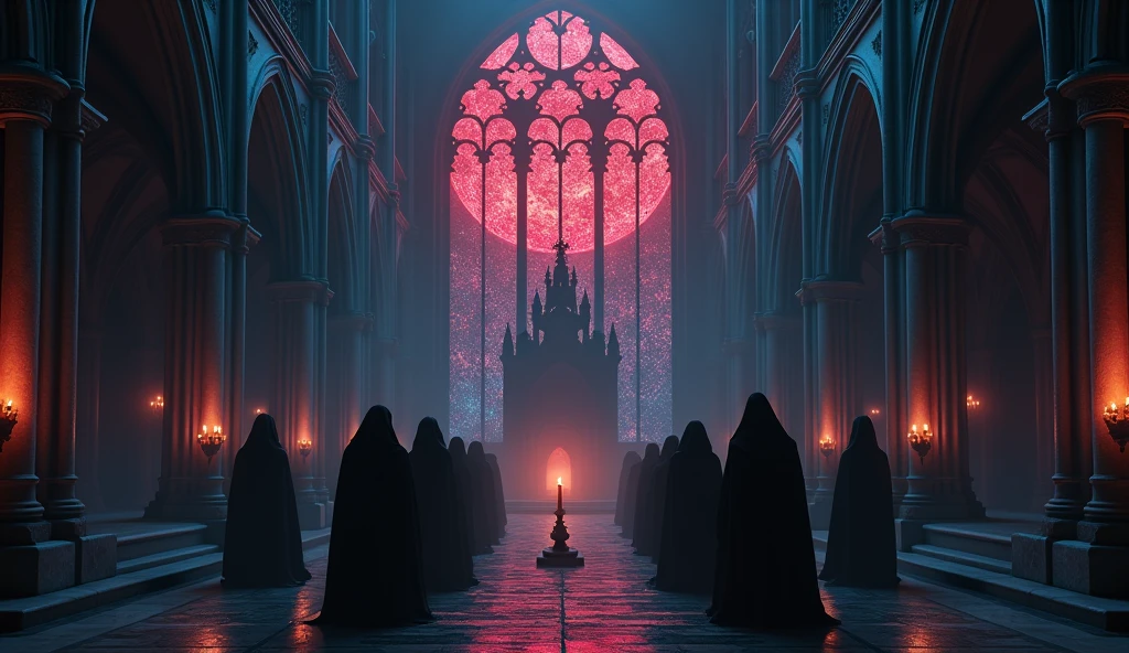8k、 big red moon   ,zoom up, large stained glass(number々の賞を受賞したmasterpiece、Incredible detail、Texture、Maximum details),blue flame candle, (summoning magic),(The moonlight at night is beautiful), (Demon King&#39;s Castle),(dark organization)arafed image of a group of people in a church with candles,lit candle, dark cinematic concept art, elegant cinematic fantasy art, photorealistic dark concept art, by Beeple, dark robes, wojtek fus, gothic epic library concept, gothic epic library, epic cinematic concept art, dark concept art, Beeple and mike winkelmann, symmetrical epic fantasy art, High resolution, masterpiece, Highest quality, Intricate details, Very detailed, Clear focus, practical skin texture, texture,  Shot with Canon, 85mm, Shallow and deep, Kodak Vision Color, Exactly, Very detailed, photograph_\(Extremist\), photographpractical, practical, Post-processing, Maximum details, Roughness, Real Life, Extremist practical, Photorealism, photographgraphy, 8K Ultra HD, photographgraphy
