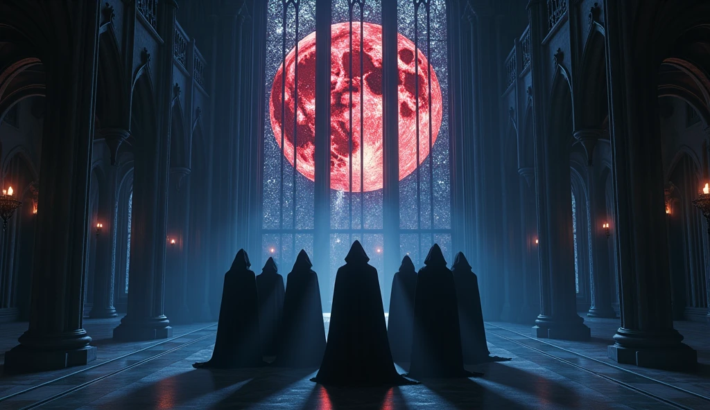 8k、 big red moon   ,zoom up, large stained glass(number々の賞を受賞したmasterpiece、Incredible detail、Texture、Maximum details),blue flame candle, (summoning magic),(The moonlight at night is beautiful), (Demon King&#39;s Castle),(dark organization)arafed image of a group of people in a church with candles,lit candle, dark cinematic concept art, elegant cinematic fantasy art, photorealistic dark concept art, by Beeple, dark robes, wojtek fus, gothic epic library concept, gothic epic library, epic cinematic concept art, dark concept art, Beeple and mike winkelmann, symmetrical epic fantasy art, High resolution, masterpiece, Highest quality, Intricate details, Very detailed, Clear focus, practical skin texture, texture,  Shot with Canon, 85mm, Shallow and deep, Kodak Vision Color, Exactly, Very detailed, photograph_\(Extremist\), photographpractical, practical, Post-processing, Maximum details, Roughness, Real Life, Extremist practical, Photorealism, photographgraphy, 8K Ultra HD, photographgraphy
