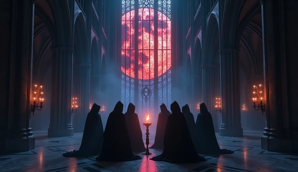 8k、 big red moon ,zoom up, large stained glass(number々の賞を受賞したmasterpiece、Incredible detail、Texture、Maximum details),blue flame candle, (summoning magic),(The moonlight at night is beautiful), (Demon King's Castle),(dark organization)arafed image of a group of people in a church with candles,lit candle, dark cinematic concept art, elegant cinematic fantasy art, photorealistic dark concept art, by Beeple, dark robes, wojtek fus, gothic epic library concept, gothic epic library, epic cinematic concept art, dark concept art, Beeple and mike winkelmann, symmetrical epic fantasy art, High resolution, masterpiece, Highest quality, Intricate details, Very detailed, Clear focus, practical skin texture, texture, Shot with Canon, 85mm, Shallow and deep, Kodak Vision Color, Exactly, Very detailed, photograph_\(Extremist\), photographpractical, practical, Post-processing, Maximum details, Roughness, Real Life, Extremist practical, Photorealism, photographgraphy, 8K Ultra HD, photographgraphy