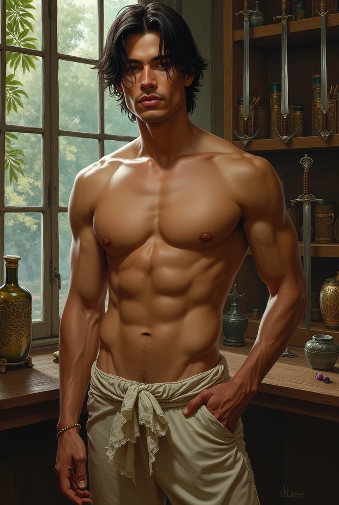 in jc leyendecker and paul cadmus art style, "the healer", fullbody, a young latino man MEDITATING, soft colors, with a confident look, shirtless, pantless, smiling, sexy gaze, perfect anatomy, the merchant, shelves with weapons, swords, crossbows, daggers, spears, arrows, katanas,skinny detailed muscles, muscled legs, handsome, gorgeous, man adventurer, latino, rose, smirk, short bob haircut, ruffles, silk, reach intricate background LARGE WINDOWS TO SEE THE GARDEN, realism close up portrait, oil painting, masterpiece, shadows, expert, insanely detailed, 4k resolution, caravaggio, john william waterhouse, By Caravaggio colours, chiaroscuro, mtg, dnd, fantasy, Watercolor, trending on artstation, sharp focus, studio photo, intricate details, highly detailed, by greg rutkowski
