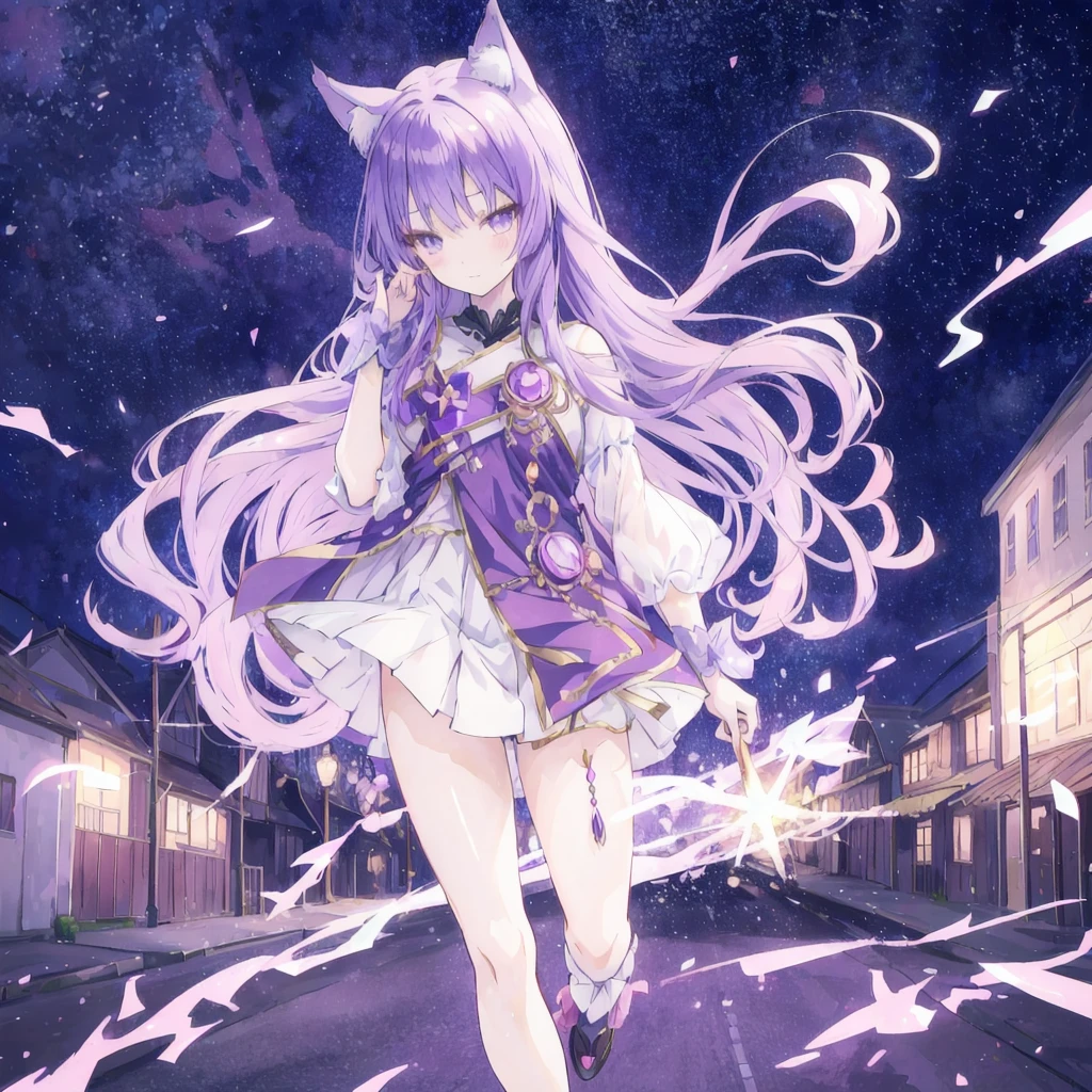 Anime Girl, Purple cat ears, Long hair, beautiful clothes, Gouves style, 4K clarity, cgstation pop music, Antique buildings, Enchanting girl, attractive, Original God Kru, Anime style, 8K, Beautiful anime woman, Women's Front.