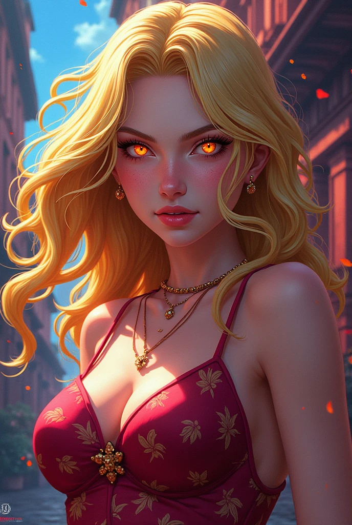 Blonde woman with orange eyes Digital art anime style jojo bizarre adventures 
