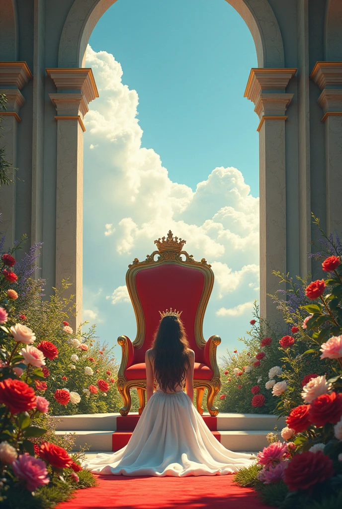 A woman on her knees with her head bowed in front of a throne, the woman has a crown on her head, around the throne there is a beautiful flower garden, and above is the sky