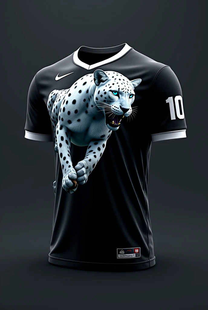 Create a design for a black team jersey with a white leopard with blue eyes on the horizontal side with the number 10 on the sleeves