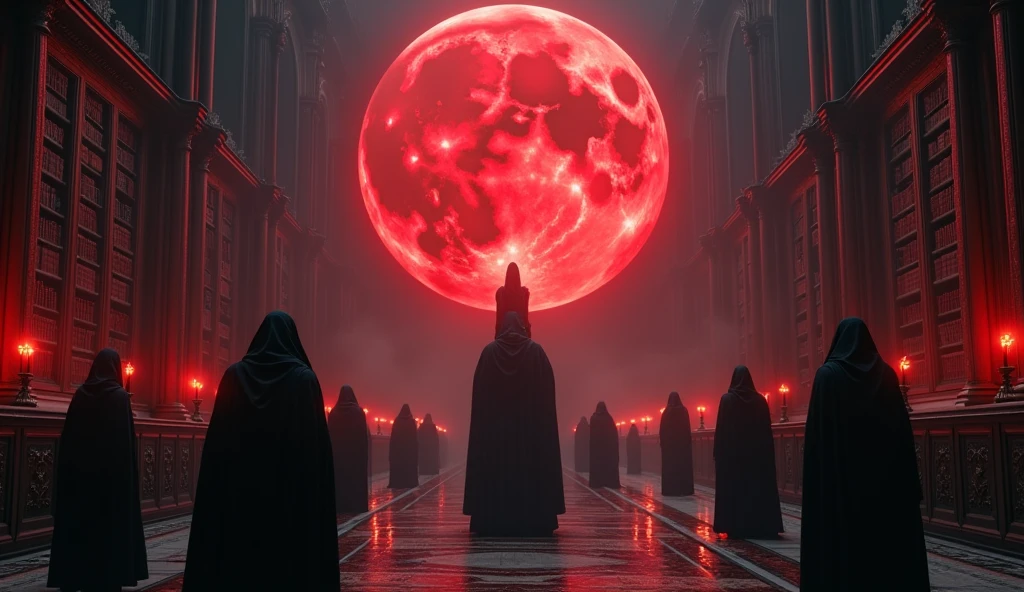 8k、 big red moon ,zoom up(number々の賞を受賞したmasterpiece、Incredible detail、Texture、Maximum details),purple flame candle, (summoning magic),(The moonlight at night is beautiful), (Demon King's Castle),(dark organization)arafed image of a group of people in a church with candles,lit candle, dark cinematic concept art, elegant cinematic fantasy art, photorealistic dark concept art, by Beeple, dark robes, wojtek fus, gothic epic library concept, gothic epic library, epic cinematic concept art, dark concept art, Beeple and mike winkelmann, symmetrical epic fantasy art, High resolution, masterpiece, Highest quality, Intricate details, Very detailed, Clear focus, practical skin texture, texture, Shot with Canon, 85mm, Shallow and deep, Kodak Vision Color, Exactly, Very detailed, photograph_\(Extremist\), photographpractical, practical, Post-processing, Maximum details, Roughness, Real Life, Extremist practical, Photorealism, photographgraphy, 8K Ultra HD, photographgraphy