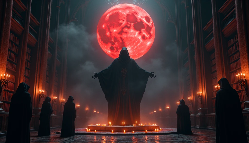 8k、 big red moon ,zoom up(number々の賞を受賞したmasterpiece、Incredible detail、Texture、Maximum details),purple flame candle, (summoning magic),(The moonlight at night is beautiful), (Demon King's Castle),(dark organization)arafed image of a group of people in a church with candles,lit candle, dark cinematic concept art, elegant cinematic fantasy art, photorealistic dark concept art, by Beeple, dark robes, wojtek fus, gothic epic library concept, gothic epic library, epic cinematic concept art, dark concept art, Beeple and mike winkelmann, symmetrical epic fantasy art, High resolution, masterpiece, Highest quality, Intricate details, Very detailed, Clear focus, practical skin texture, texture, Shot with Canon, 85mm, Shallow and deep, Kodak Vision Color, Exactly, Very detailed, photograph_\(Extremist\), photographpractical, practical, Post-processing, Maximum details, Roughness, Real Life, Extremist practical, Photorealism, photographgraphy, 8K Ultra HD, photographgraphy